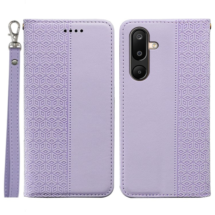 For Samsung Galaxy M16 5G / F16 5G Wallet Phone Case Strong Magnetic Checkered Pattern Imprint Leather Flip Cover - Purple