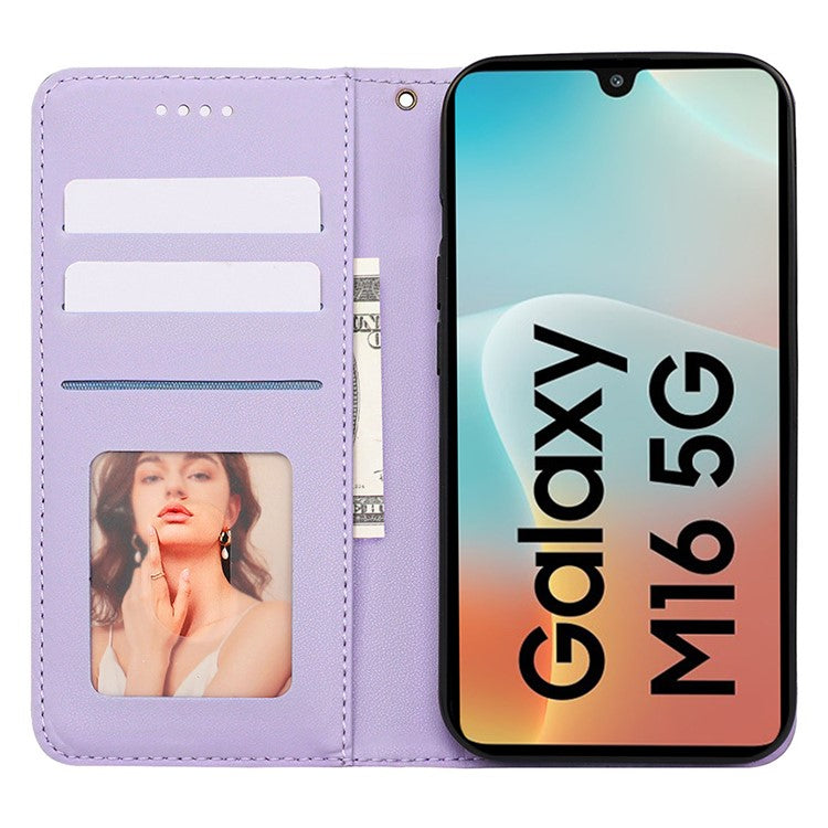For Samsung Galaxy M16 5G / F16 5G Wallet Phone Case Strong Magnetic Checkered Pattern Imprint Leather Flip Cover - Purple