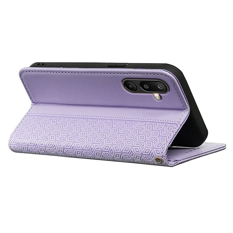 For Samsung Galaxy M16 5G / F16 5G Wallet Phone Case Strong Magnetic Checkered Pattern Imprint Leather Flip Cover - Purple