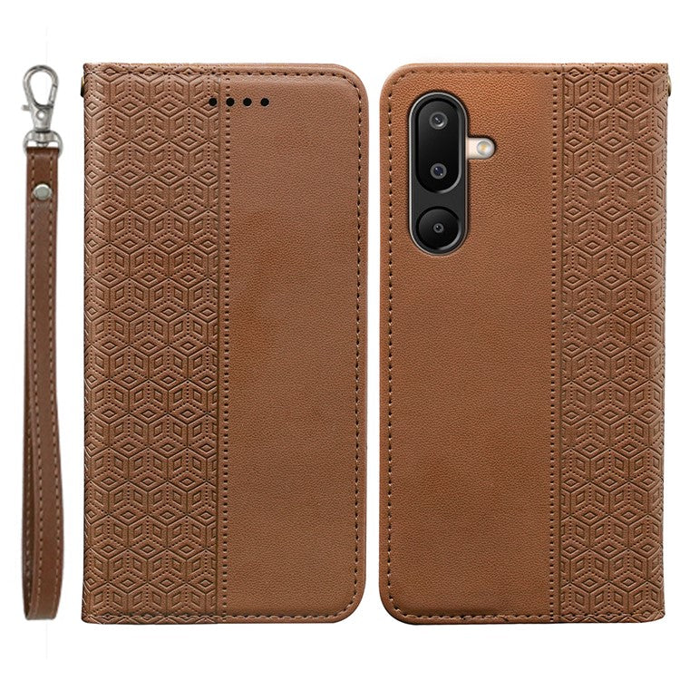 For Samsung Galaxy M16 5G / F16 5G Wallet Phone Case Strong Magnetic Checkered Pattern Imprint Leather Flip Cover - Brown