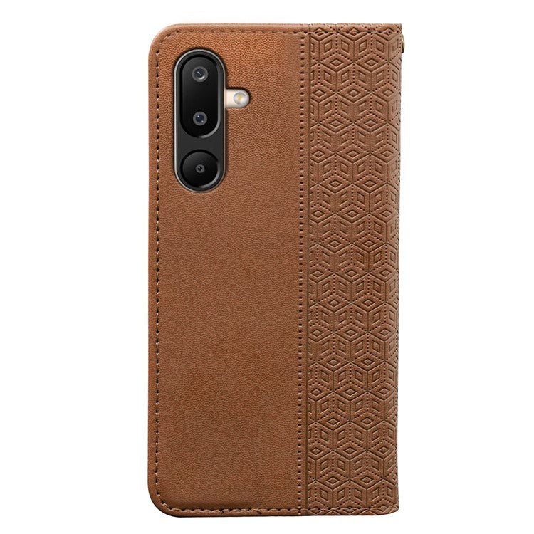 For Samsung Galaxy M16 5G / F16 5G Wallet Phone Case Strong Magnetic Checkered Pattern Imprint Leather Flip Cover - Brown
