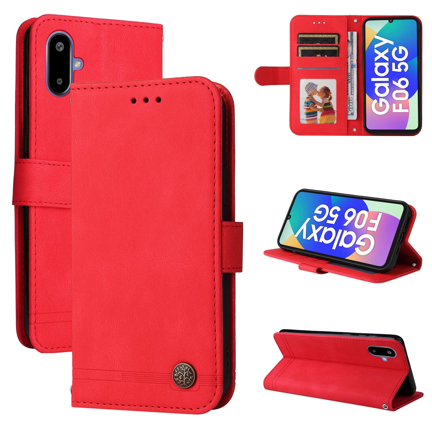 For Samsung Galaxy F06 5G Leather Wallet Cases Skin Touch Phone Cover Stand with Strap - Red