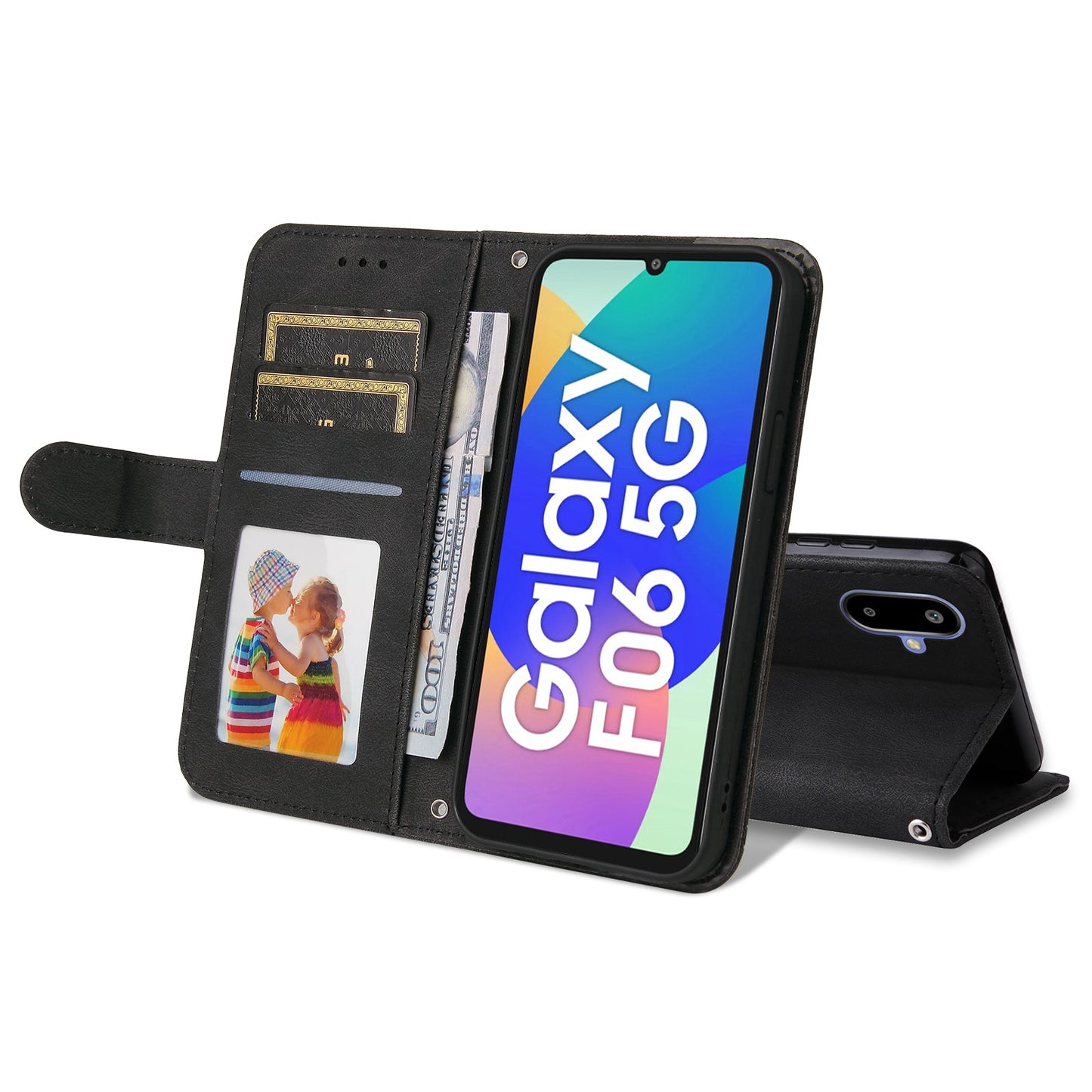 For Samsung Galaxy F06 5G Leather Wallet Cases Skin Touch Phone Cover Stand with Strap - Black