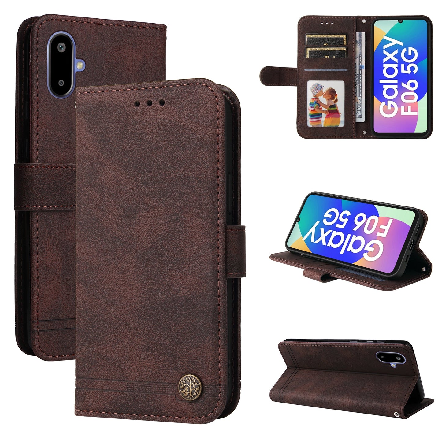 For Samsung Galaxy F06 5G Leather Wallet Cases Skin Touch Phone Cover Stand with Strap - Brown