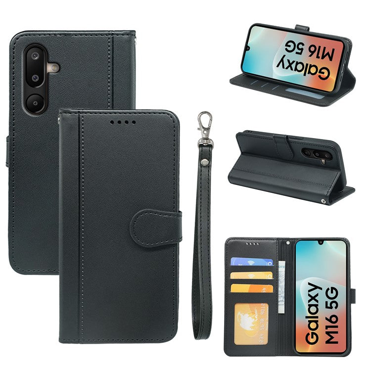 For Samsung Galaxy M16 5G / F16 5G Wallet Case Magnetic Snap Leather Phone Cover with Strap - Black