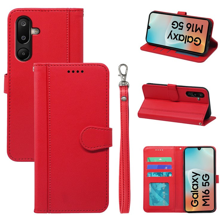 For Samsung Galaxy M16 5G / F16 5G Wallet Case Magnetic Snap Leather Phone Cover with Strap - Red