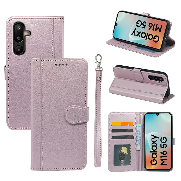 For Samsung Galaxy M16 5G / F16 5G Wallet Case Magnetic Snap Leather Phone Cover with Strap - Rose Gold