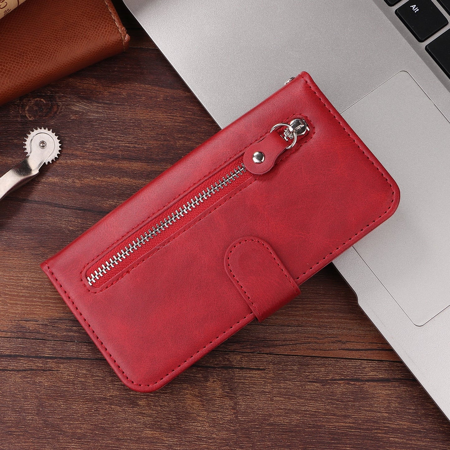 For Samsung Galaxy F06 5G PU Leather Cases with Zipper Pocket Wallet Phone Cover Stand - Red