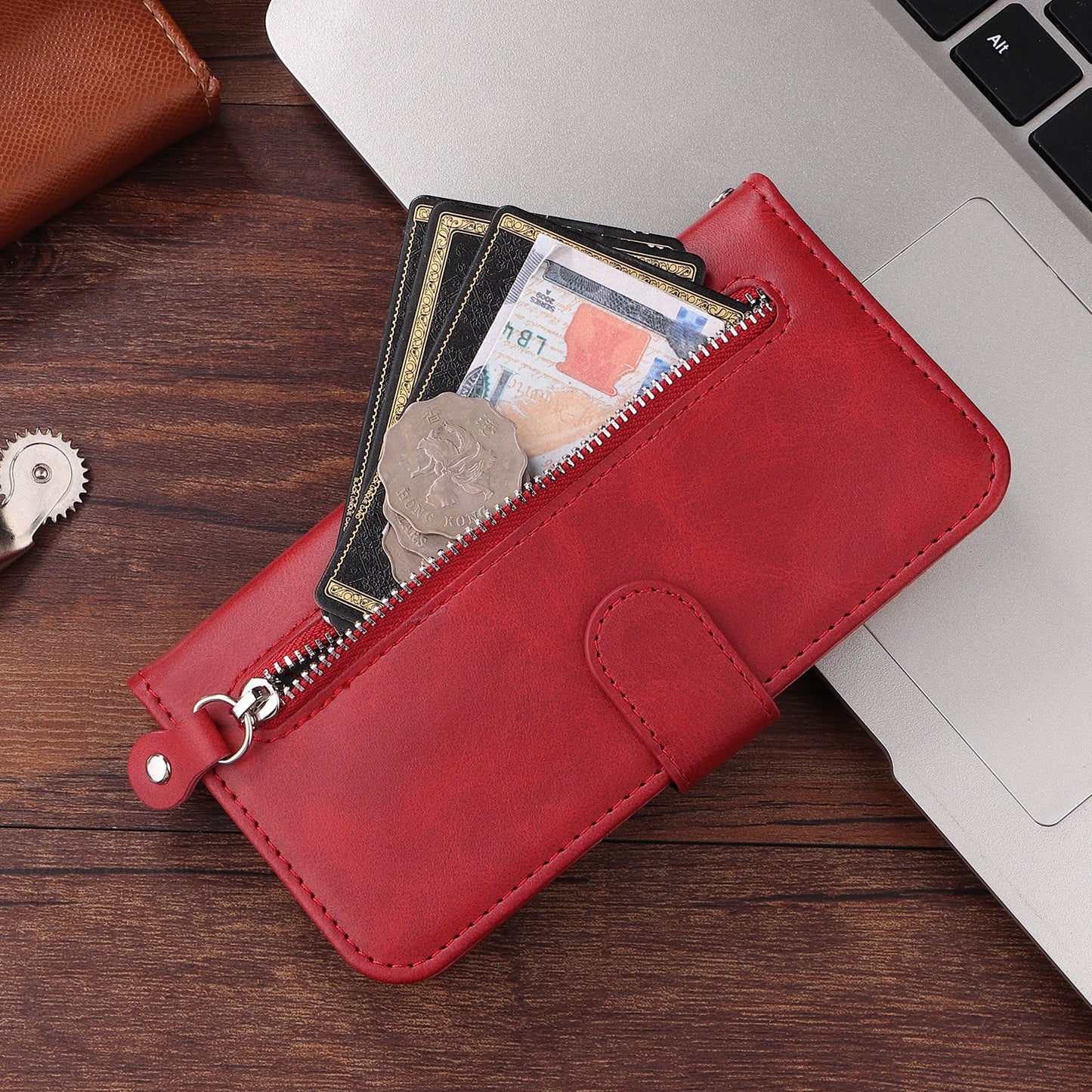For Samsung Galaxy F06 5G PU Leather Cases with Zipper Pocket Wallet Phone Cover Stand - Red