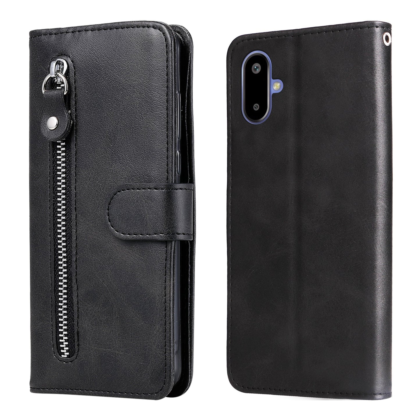 For Samsung Galaxy F06 5G PU Leather Cases with Zipper Pocket Wallet Phone Cover Stand - Black