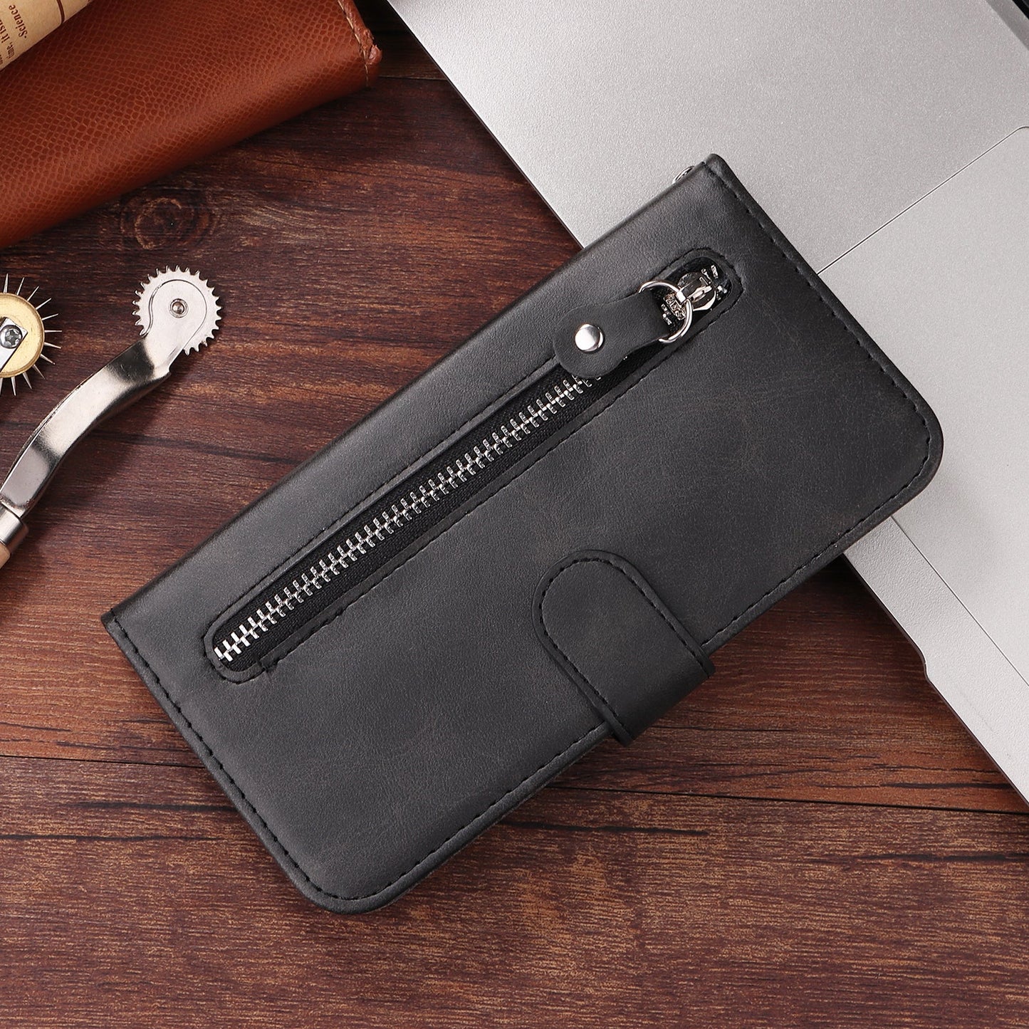 For Samsung Galaxy F06 5G PU Leather Cases with Zipper Pocket Wallet Phone Cover Stand - Black
