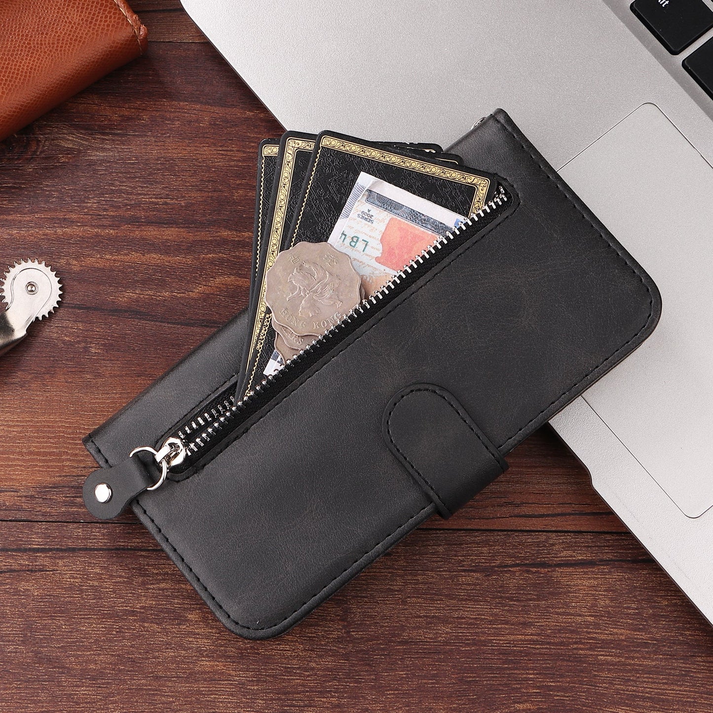 For Samsung Galaxy F06 5G PU Leather Cases with Zipper Pocket Wallet Phone Cover Stand - Black
