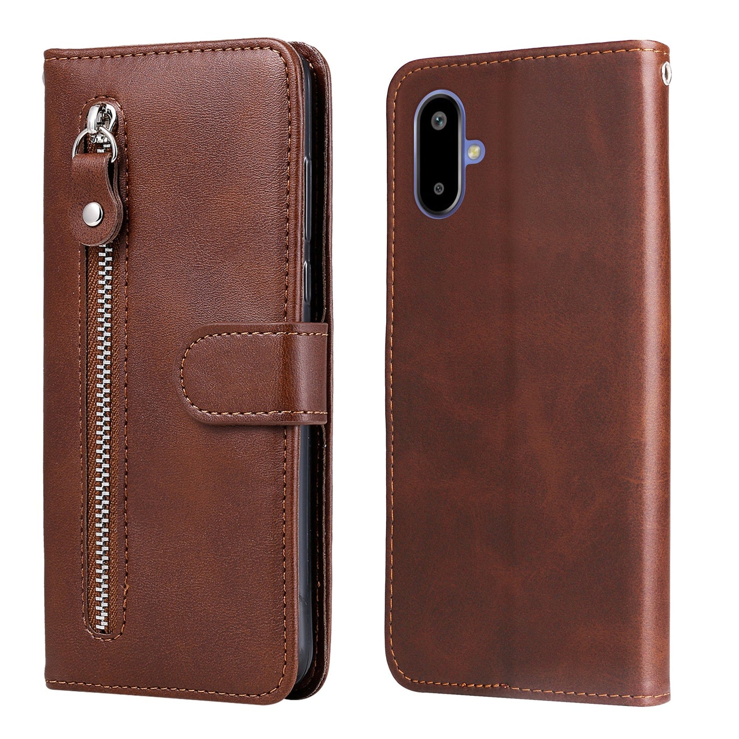 For Samsung Galaxy F06 5G PU Leather Cases with Zipper Pocket Wallet Phone Cover Stand - Brown