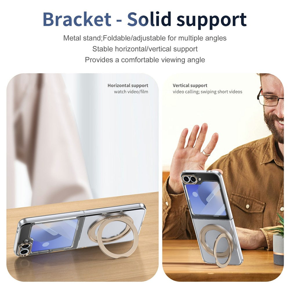 For Samsung Galaxy Z Flip7 FE 5G / Z Flip6 5G Case Magnetic Kickstand Clear PC Phone Cover with HD Screen Film - Desert Gold