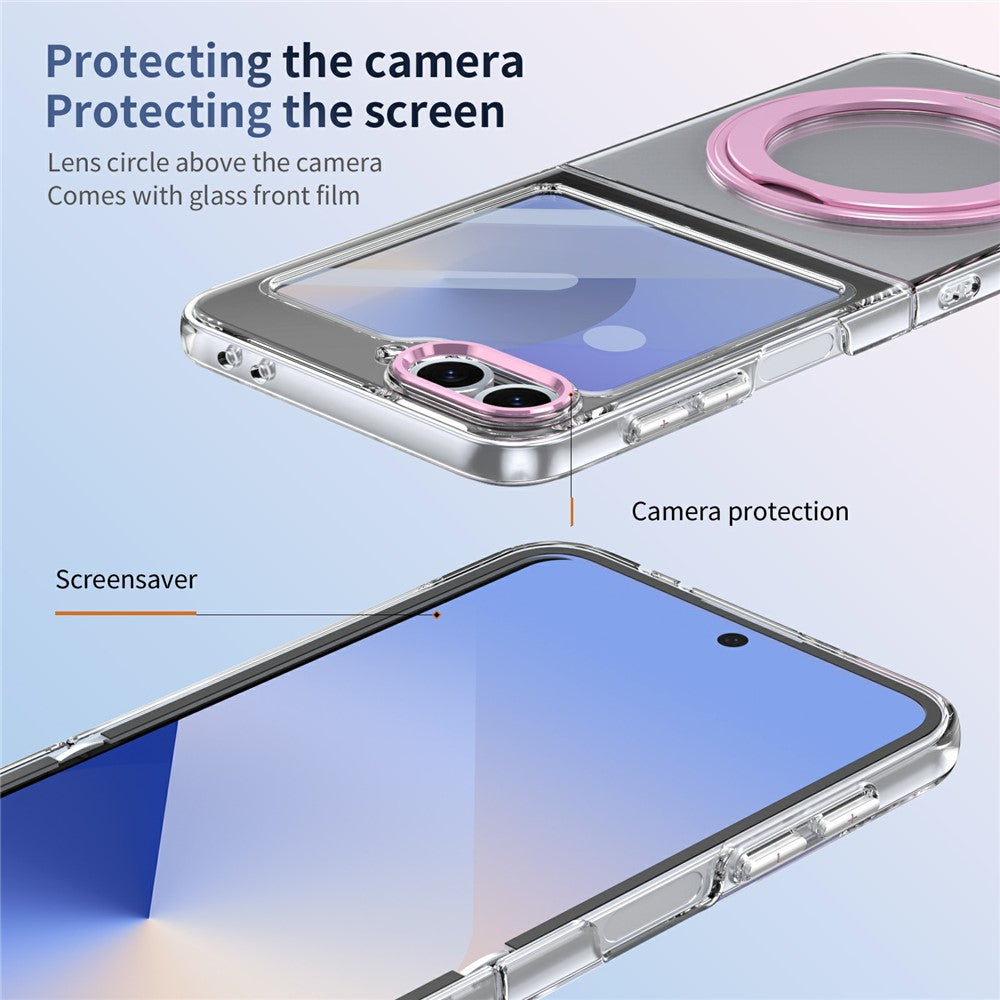 For Samsung Galaxy Z Flip7 FE 5G / Z Flip6 5G Case Magnetic Kickstand Clear PC Phone Cover with HD Screen Film - Pink