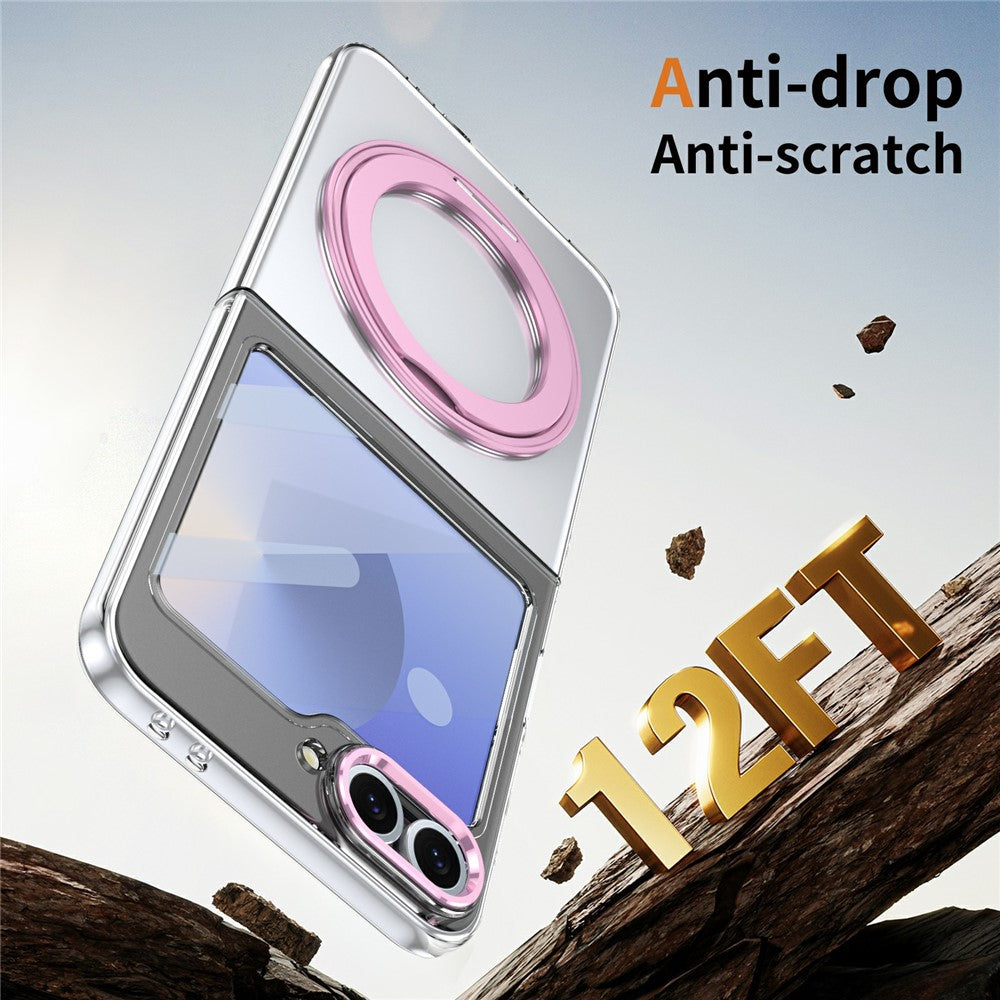 For Samsung Galaxy Z Flip7 FE 5G / Z Flip6 5G Case Magnetic Kickstand Clear PC Phone Cover with HD Screen Film - Pink