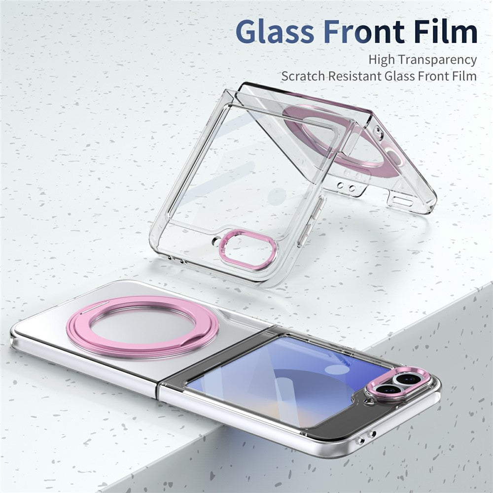 For Samsung Galaxy Z Flip7 FE 5G / Z Flip6 5G Case Magnetic Kickstand Clear PC Phone Cover with HD Screen Film - Pink