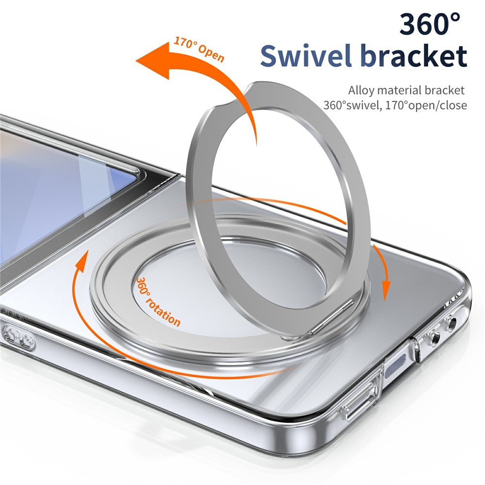 For Samsung Galaxy Z Flip7 FE 5G / Z Flip6 5G Case Magnetic Kickstand Clear PC Phone Cover with HD Screen Film - Silver
