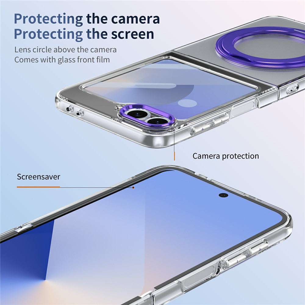 For Samsung Galaxy Z Flip7 FE 5G / Z Flip6 5G Case Magnetic Kickstand Clear PC Phone Cover with HD Screen Film - Purple