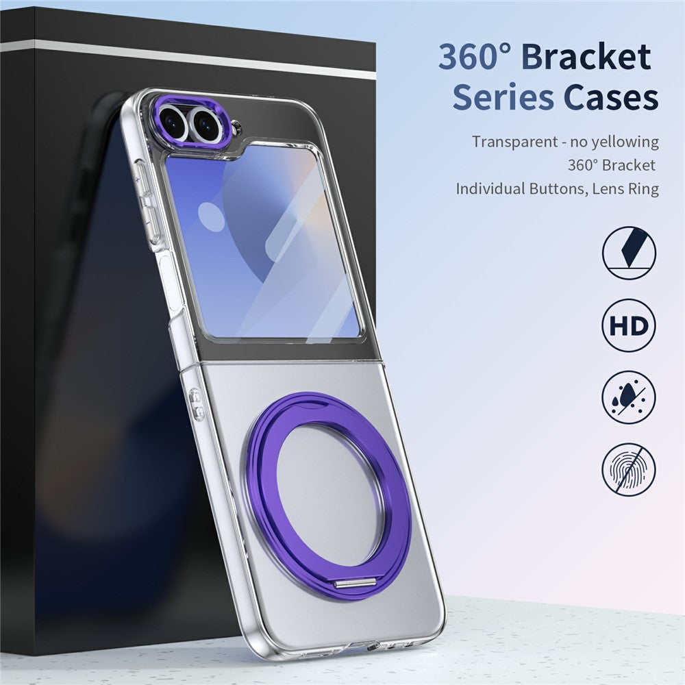 For Samsung Galaxy Z Flip7 FE 5G / Z Flip6 5G Case Magnetic Kickstand Clear PC Phone Cover with HD Screen Film - Purple