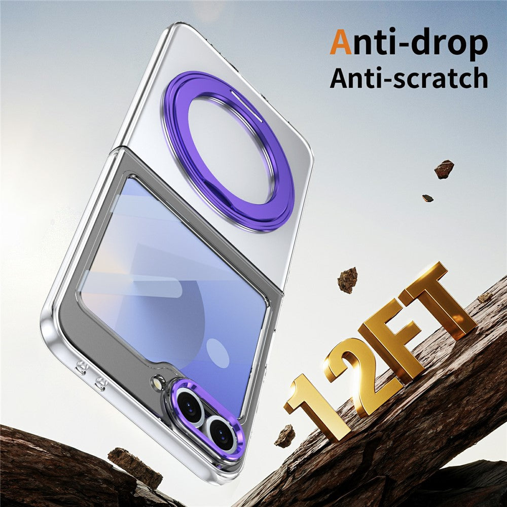 For Samsung Galaxy Z Flip7 FE 5G / Z Flip6 5G Case Magnetic Kickstand Clear PC Phone Cover with HD Screen Film - Purple