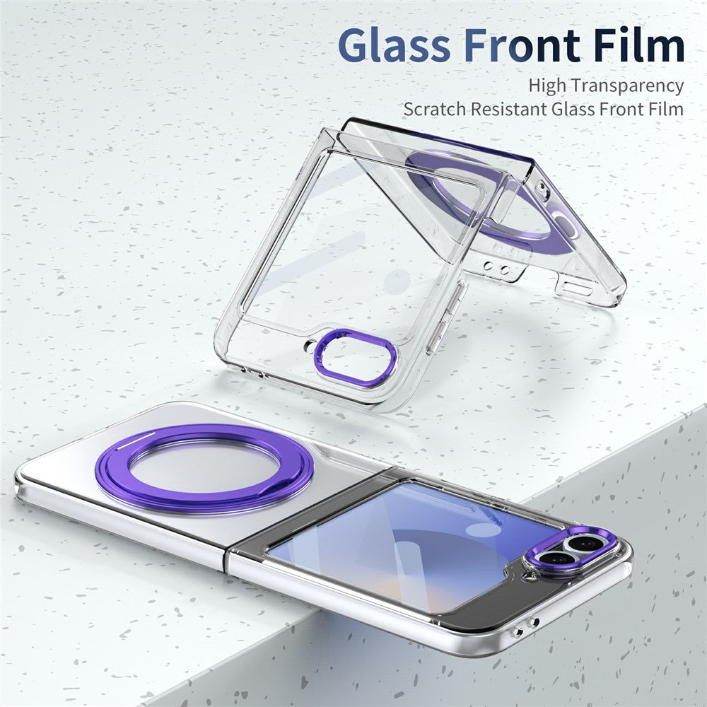 For Samsung Galaxy Z Flip7 FE 5G / Z Flip6 5G Case Magnetic Kickstand Clear PC Phone Cover with HD Screen Film - Purple