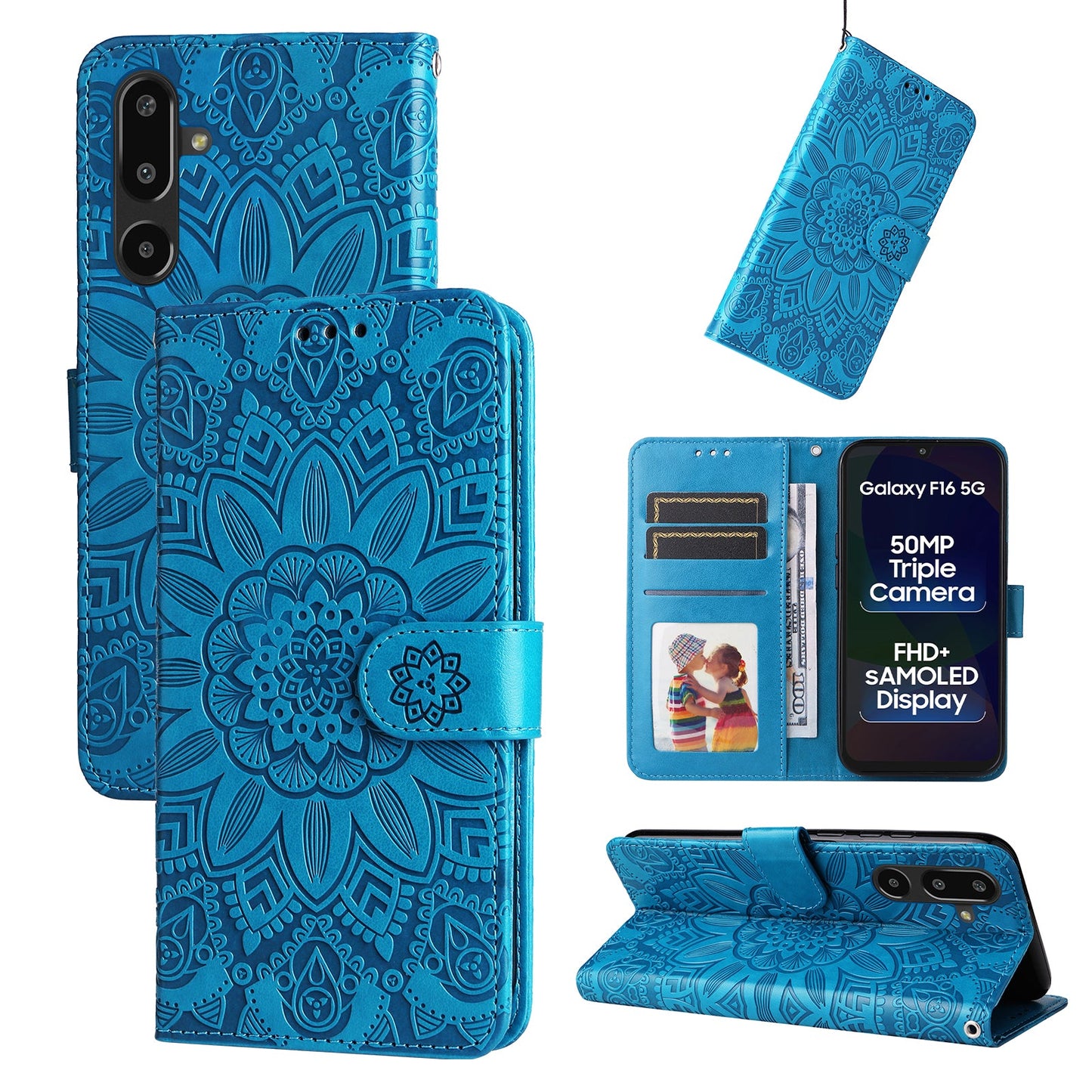For Samsung Galaxy F16 5G / Galaxy M16 5G Case Sunflower Imprint Leather Wallet Phone Cover - Blue