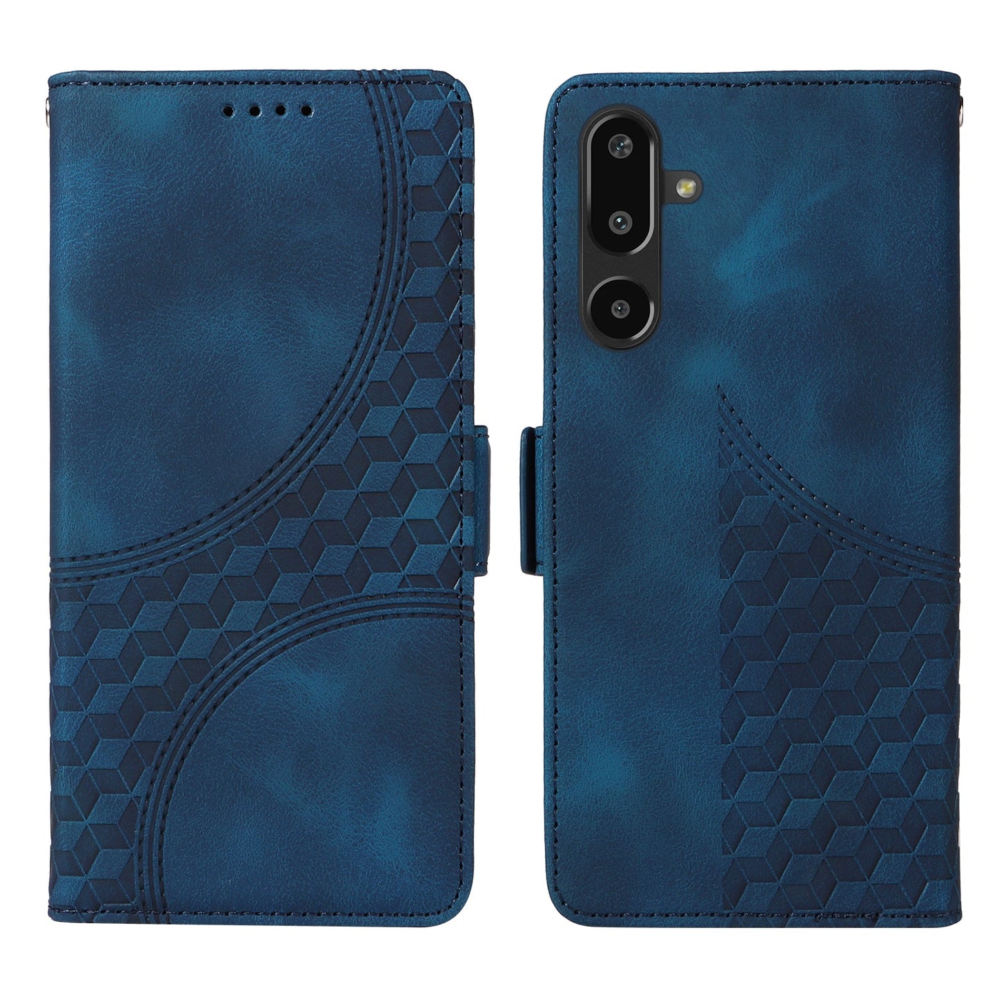 For Samsung Galaxy F16 5G / Galaxy M16 5G Leather Cases Wallet Rhombus Imprinted Phone Cover Stand with Strap - Blue