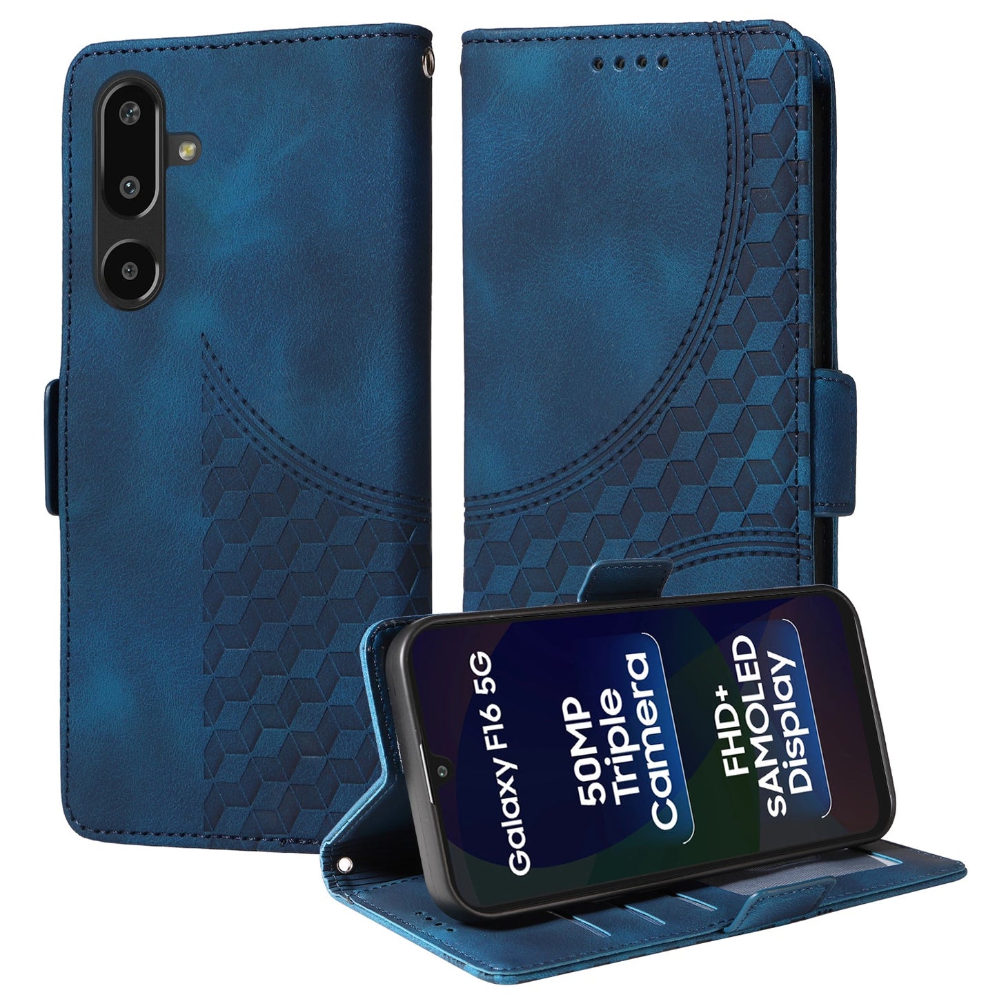 For Samsung Galaxy F16 5G / Galaxy M16 5G Leather Cases Wallet Rhombus Imprinted Phone Cover Stand with Strap - Blue