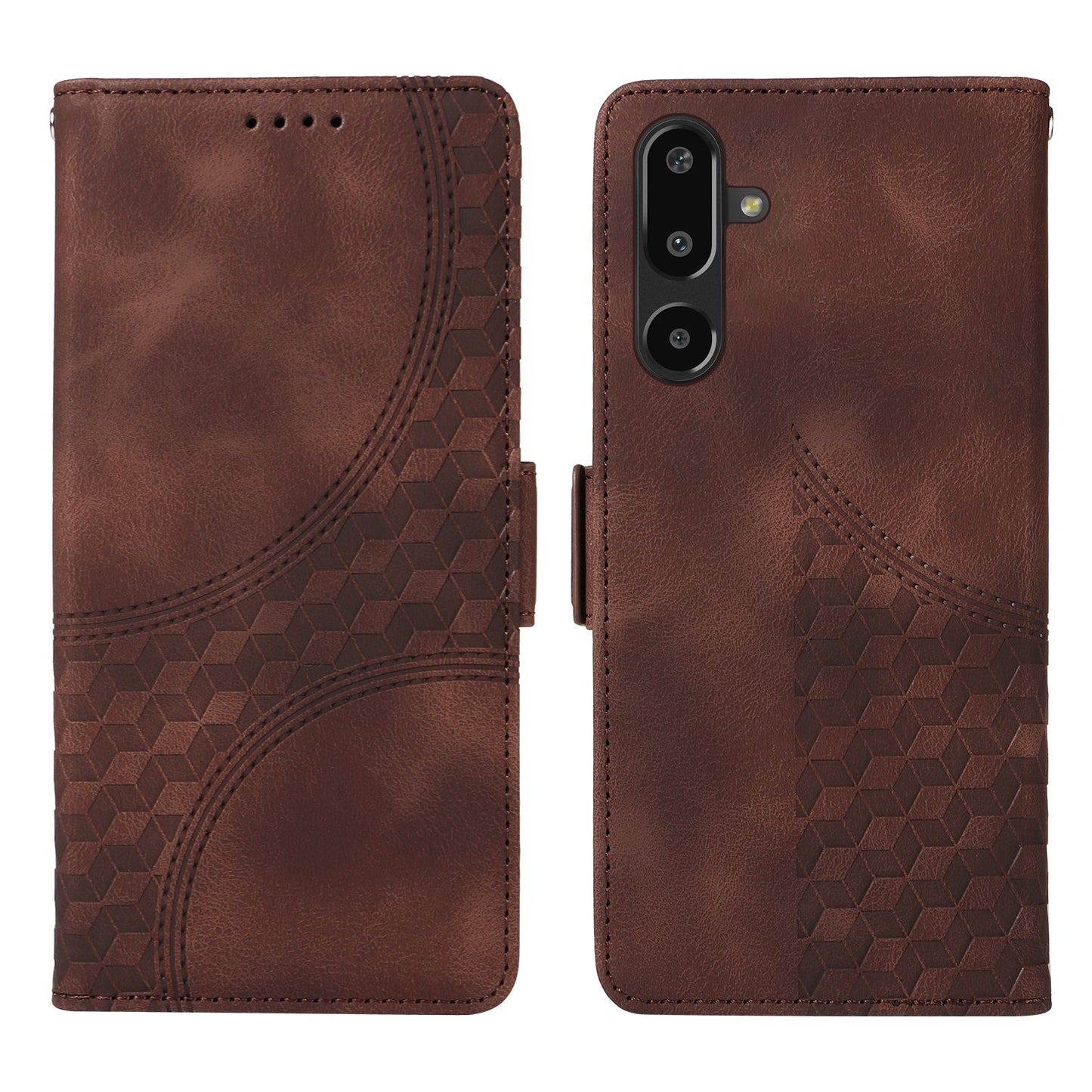For Samsung Galaxy F16 5G / Galaxy M16 5G Leather Cases Wallet Rhombus Imprinted Phone Cover Stand with Strap - Brown