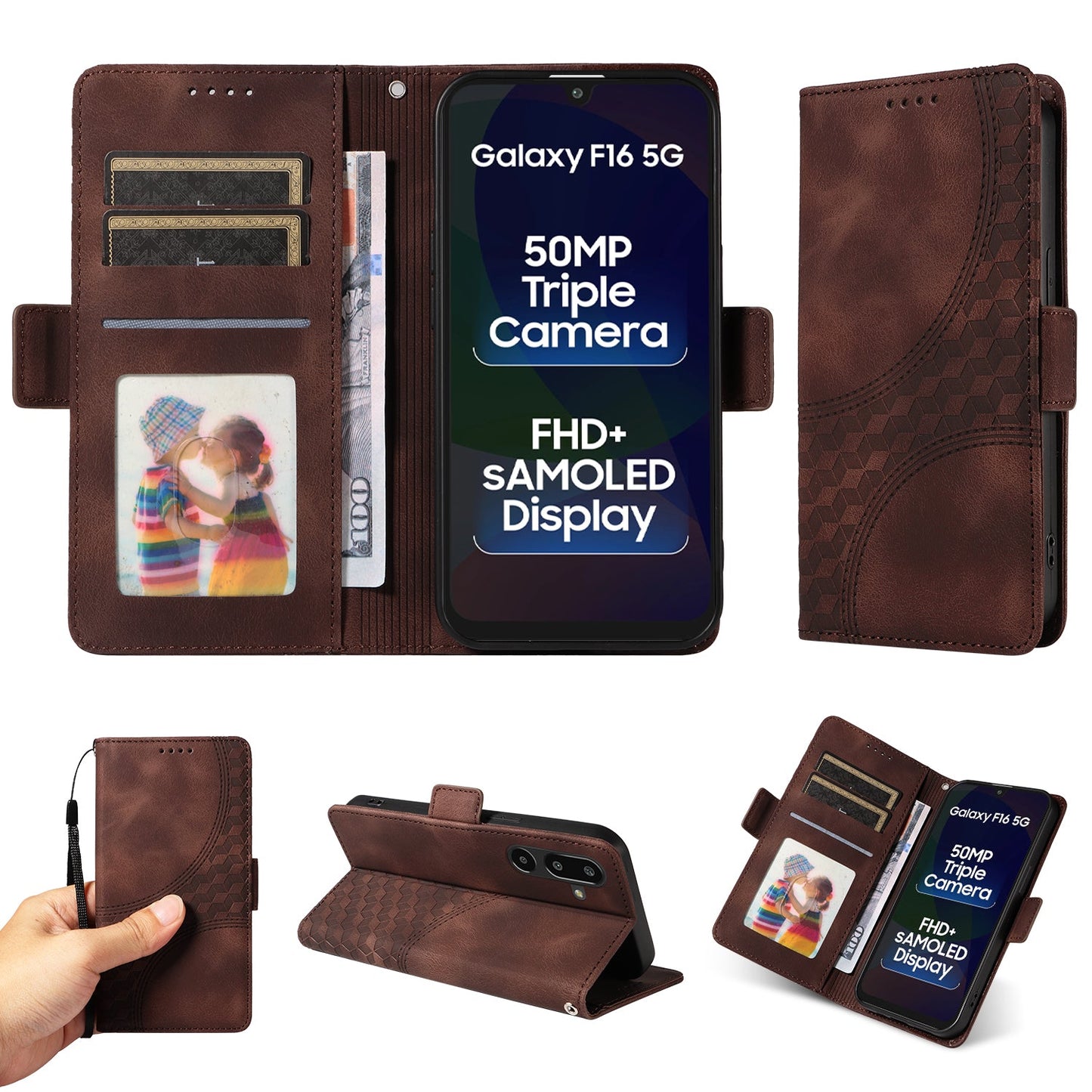 For Samsung Galaxy F16 5G / Galaxy M16 5G Leather Cases Wallet Rhombus Imprinted Phone Cover Stand with Strap - Brown