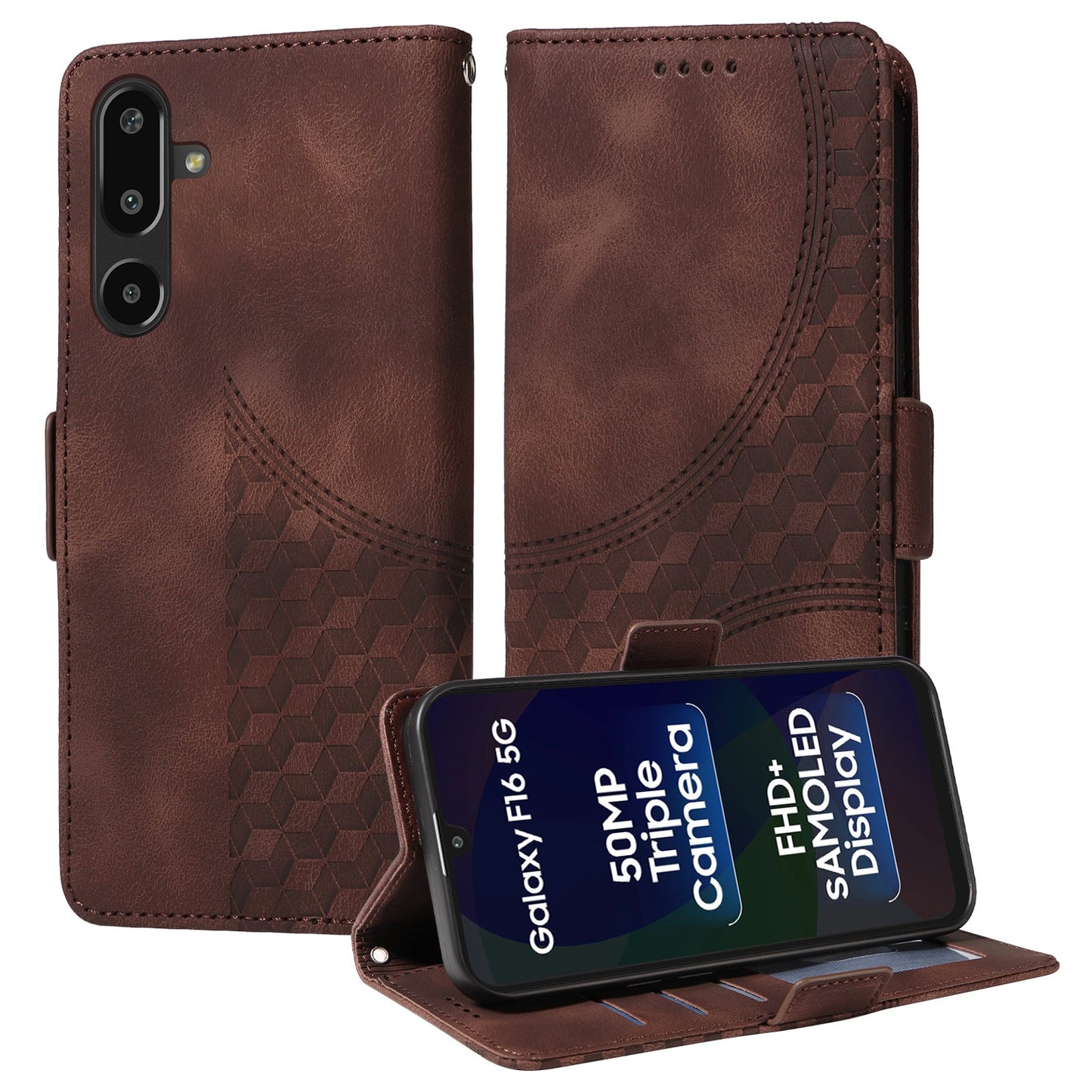For Samsung Galaxy F16 5G / Galaxy M16 5G Leather Cases Wallet Rhombus Imprinted Phone Cover Stand with Strap - Brown