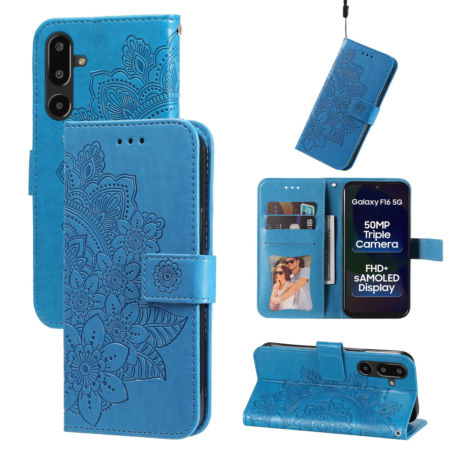 For Samsung Galaxy F16 5G / Galaxy M16 5G Case Floral Pattern PU Leather Wallet Stand Phone Cover - Blue
