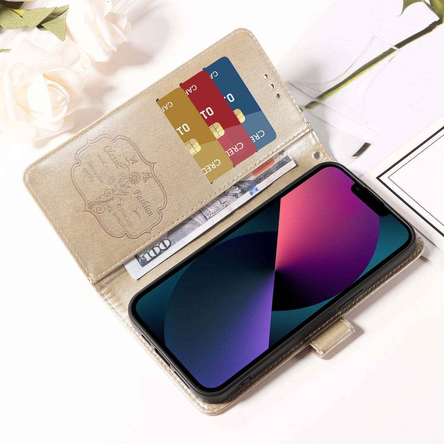 For Samsung Galaxy F16 5G / Galaxy M16 5G Leather Case Butterfly Floral Imprint Wallet Stand Cover - Golden