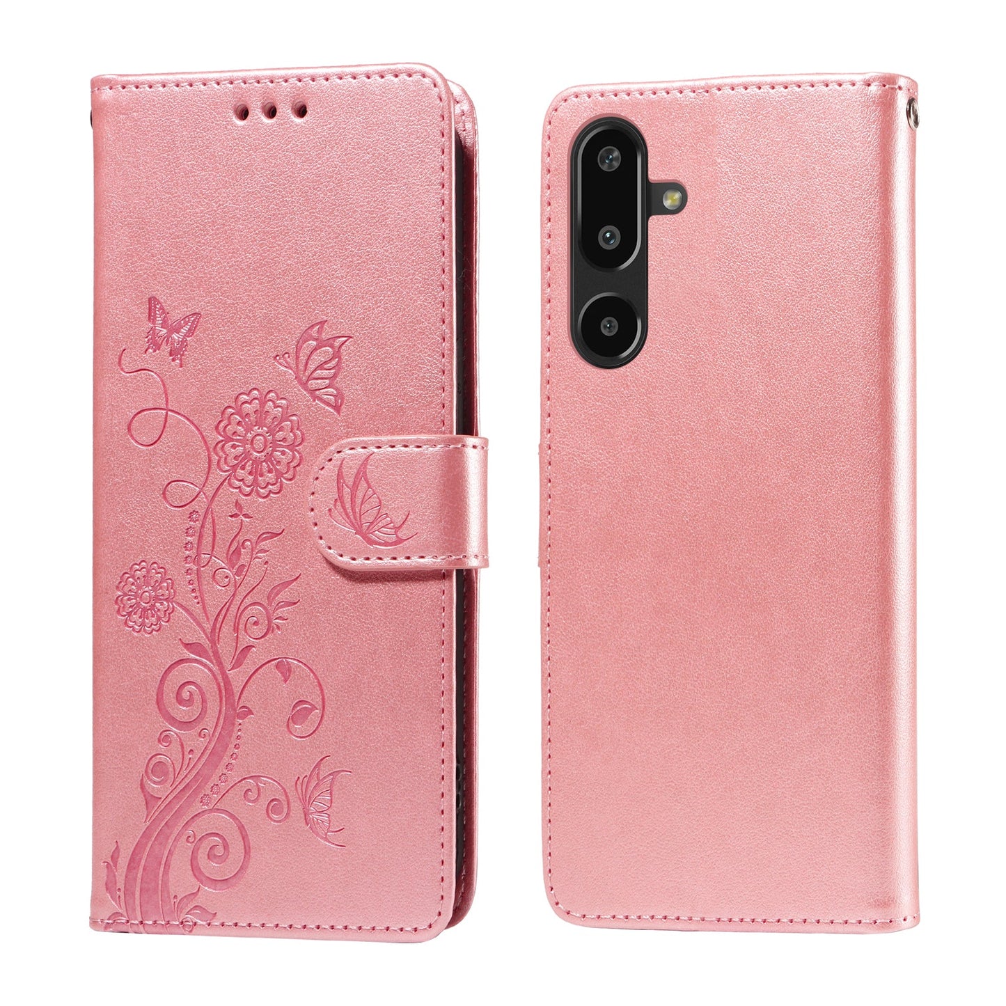 For Samsung Galaxy F16 5G / Galaxy M16 5G Leather Case Butterfly Floral Imprint Wallet Stand Cover - Pink
