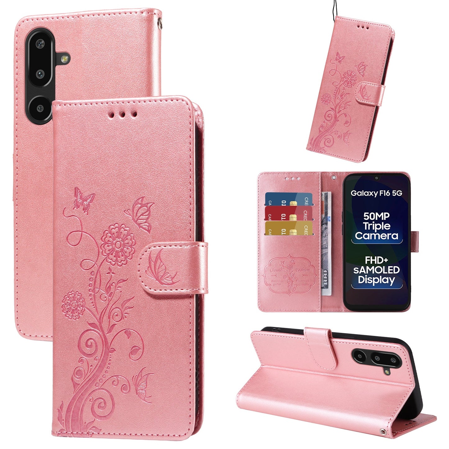 For Samsung Galaxy F16 5G / Galaxy M16 5G Leather Case Butterfly Floral Imprint Wallet Stand Cover - Pink