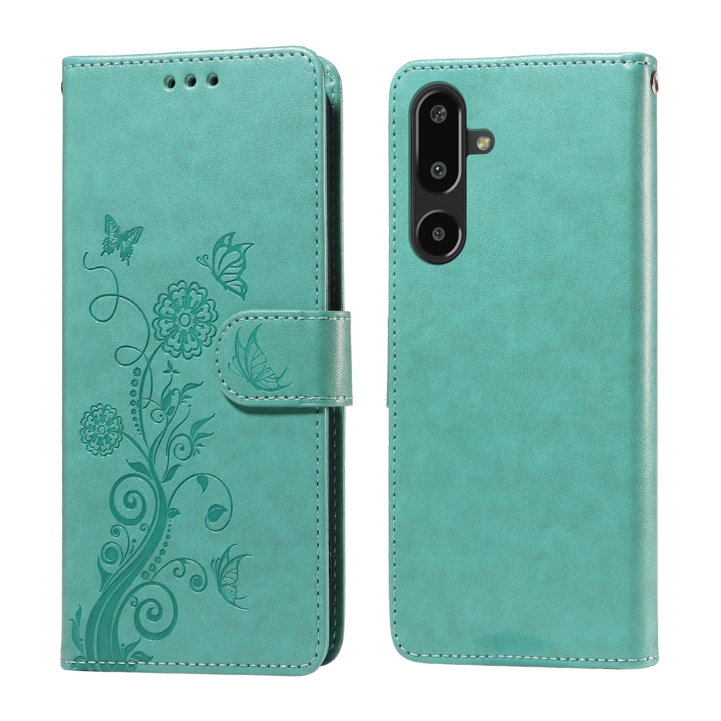 For Samsung Galaxy F16 5G / Galaxy M16 5G Leather Case Butterfly Floral Imprint Wallet Stand Cover - Green