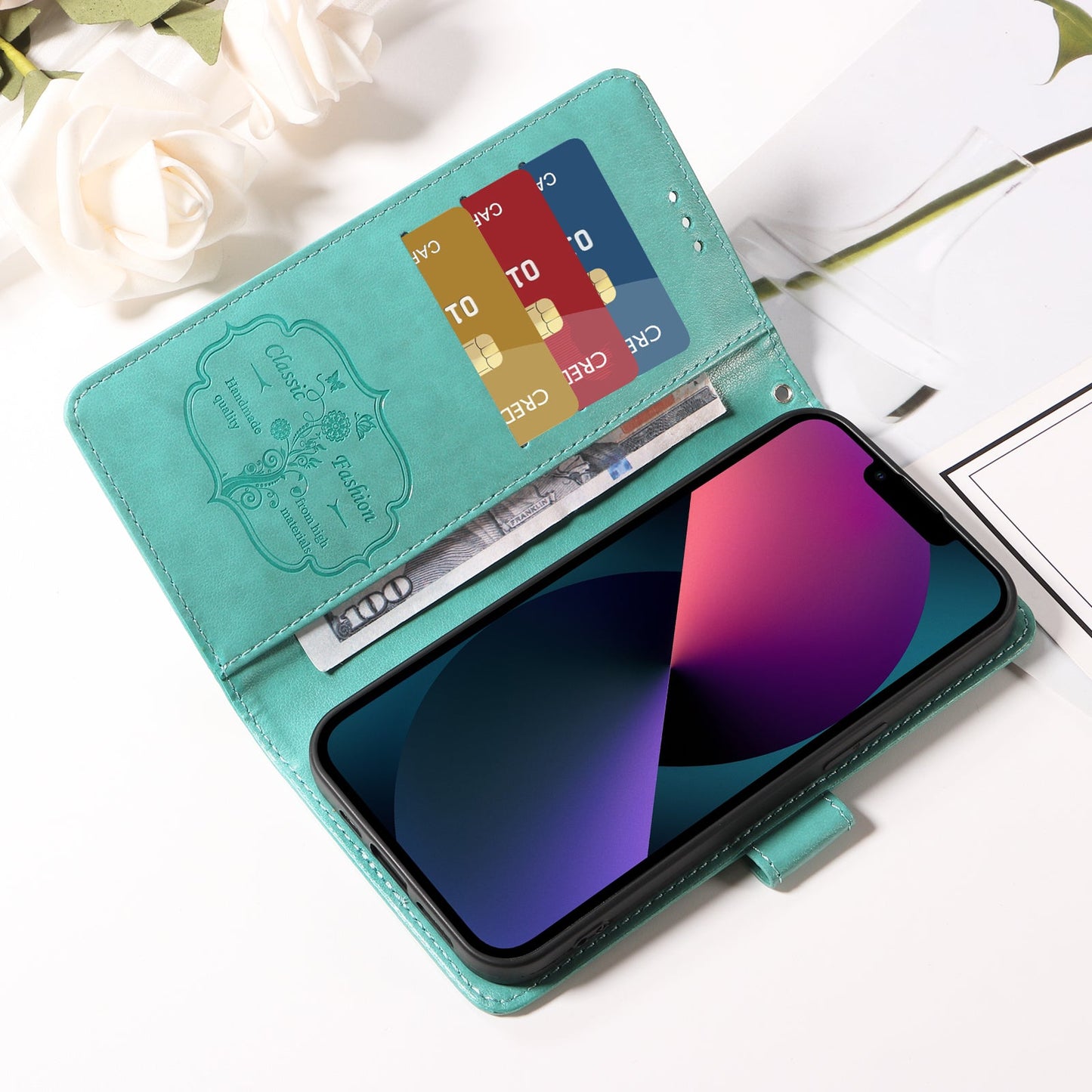 For Samsung Galaxy F16 5G / Galaxy M16 5G Leather Case Butterfly Floral Imprint Wallet Stand Cover - Green