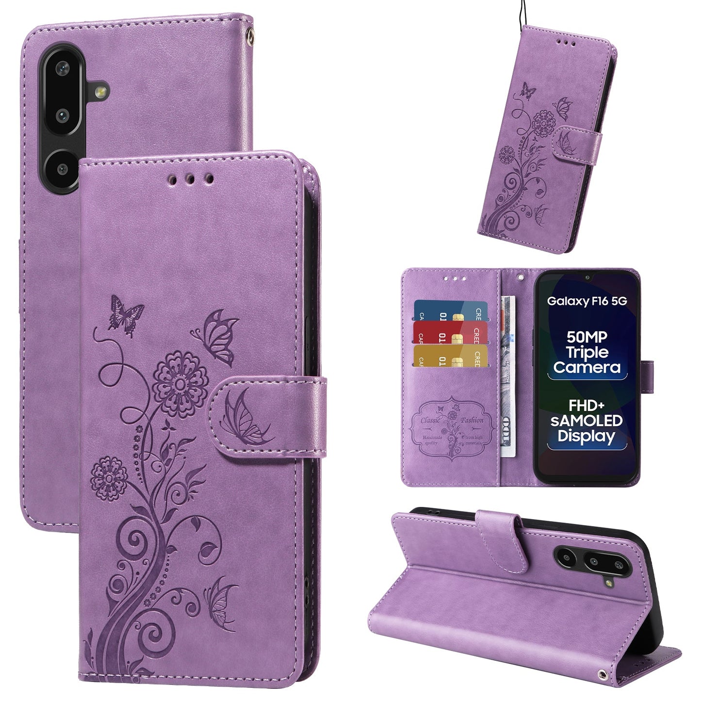 For Samsung Galaxy F16 5G / Galaxy M16 5G Leather Case Butterfly Floral Imprint Wallet Stand Cover - Purple