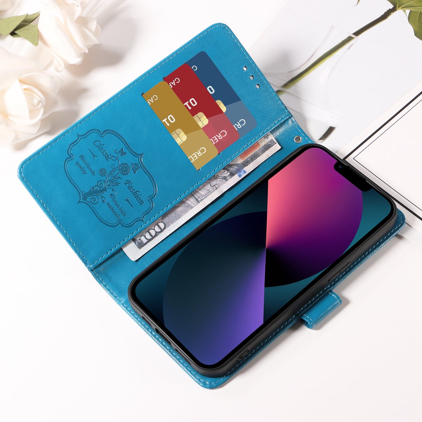 For Samsung Galaxy F16 5G / Galaxy M16 5G Leather Case Butterfly Floral Imprint Wallet Stand Cover - Blue