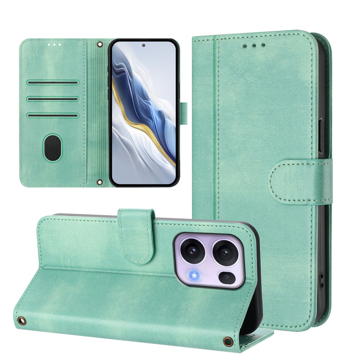 For Oppo Reno13 Pro 5G Cases Wallet Stand Retro Texture Leather Phone Cover with Lanyard - Mint Green
