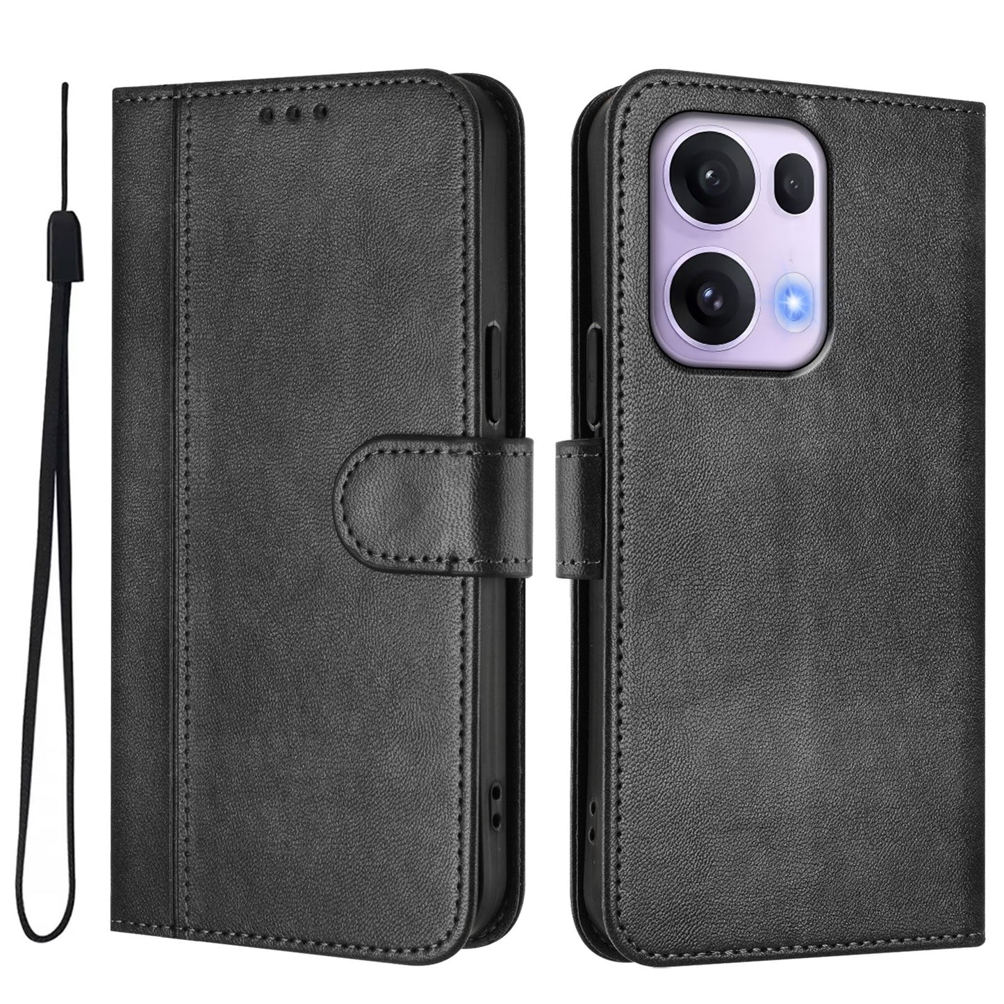 For Oppo Reno13 Pro 5G Cases Wallet Stand Retro Texture Leather Phone Cover with Lanyard - Black