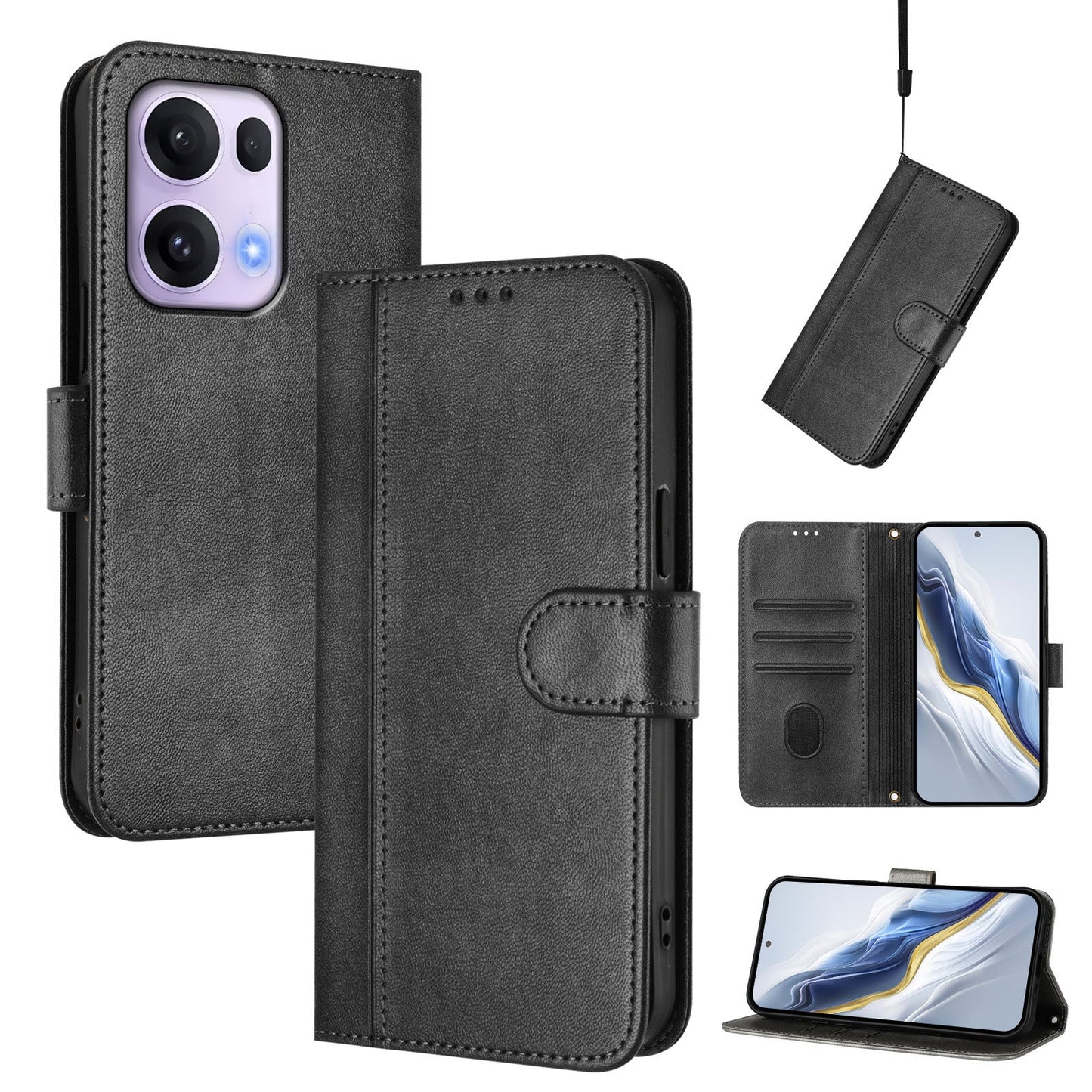 For Oppo Reno13 Pro 5G Cases Wallet Stand Retro Texture Leather Phone Cover with Lanyard - Black