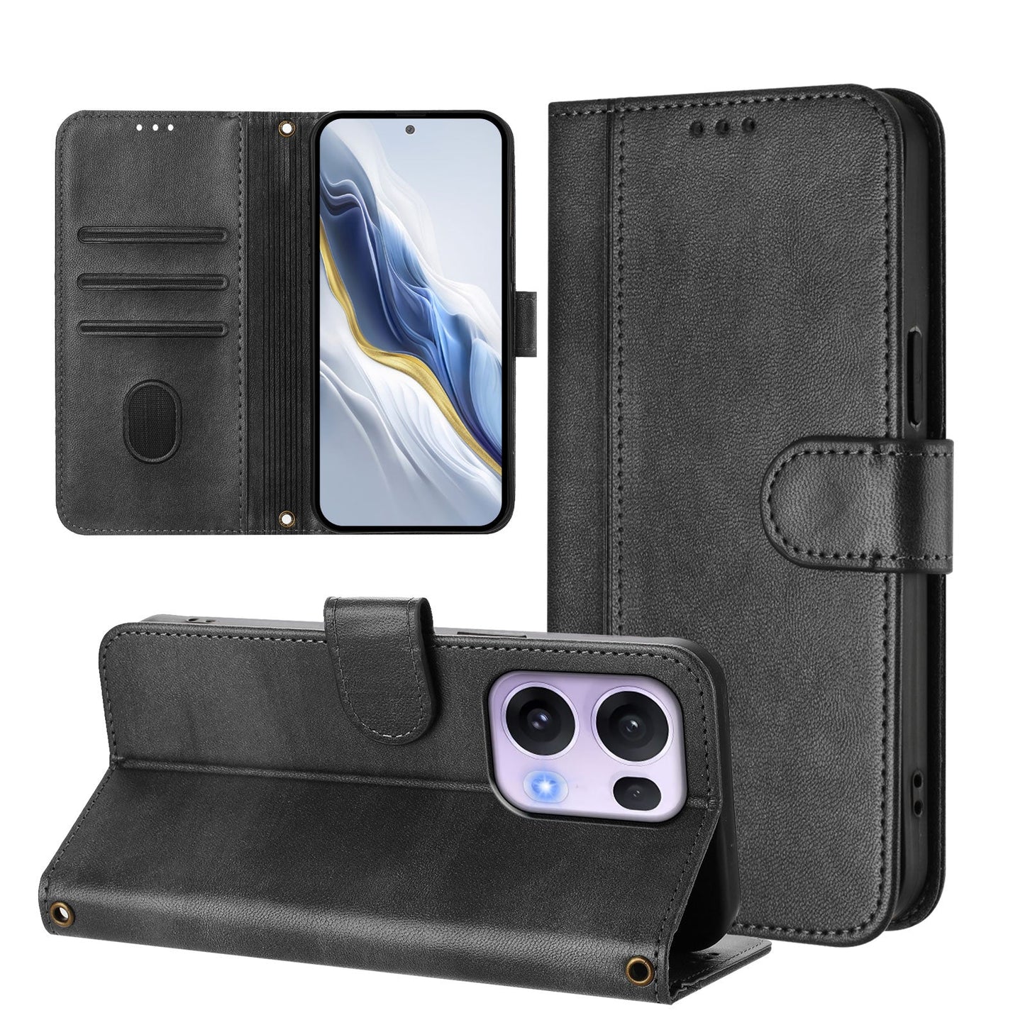 For Oppo Reno13 Pro 5G Cases Wallet Stand Retro Texture Leather Phone Cover with Lanyard - Black