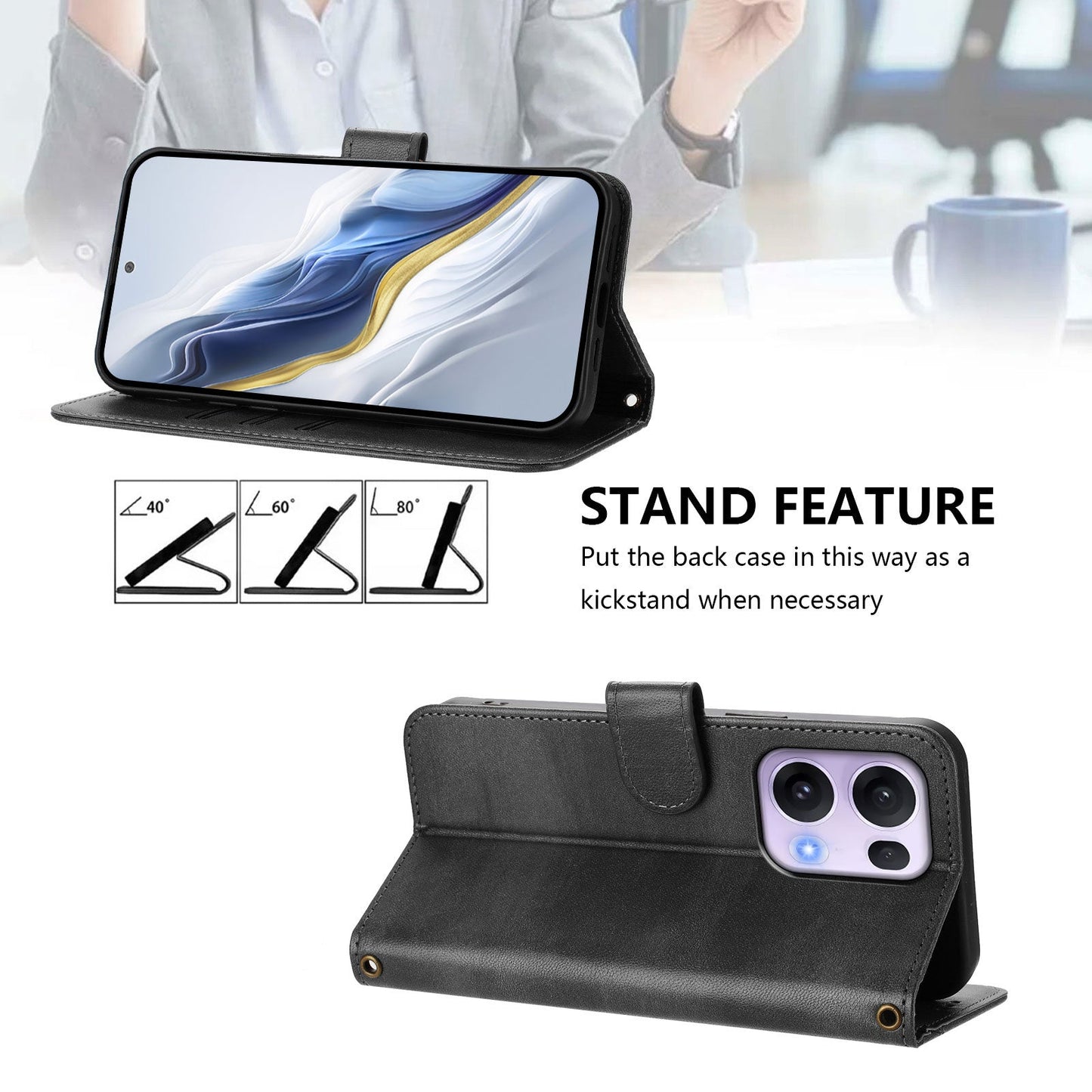 For Oppo Reno13 Pro 5G Cases Wallet Stand Retro Texture Leather Phone Cover with Lanyard - Black