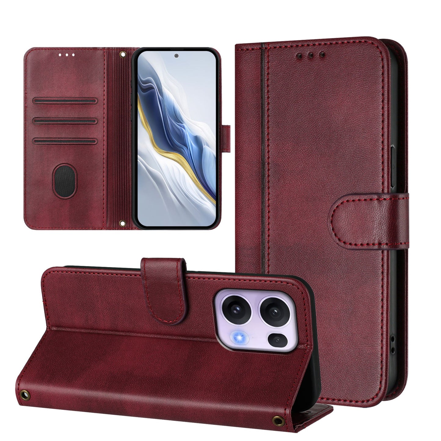 For Oppo Reno13 Pro 5G Cases Wallet Stand Retro Texture Leather Phone Cover with Lanyard - Wine Red