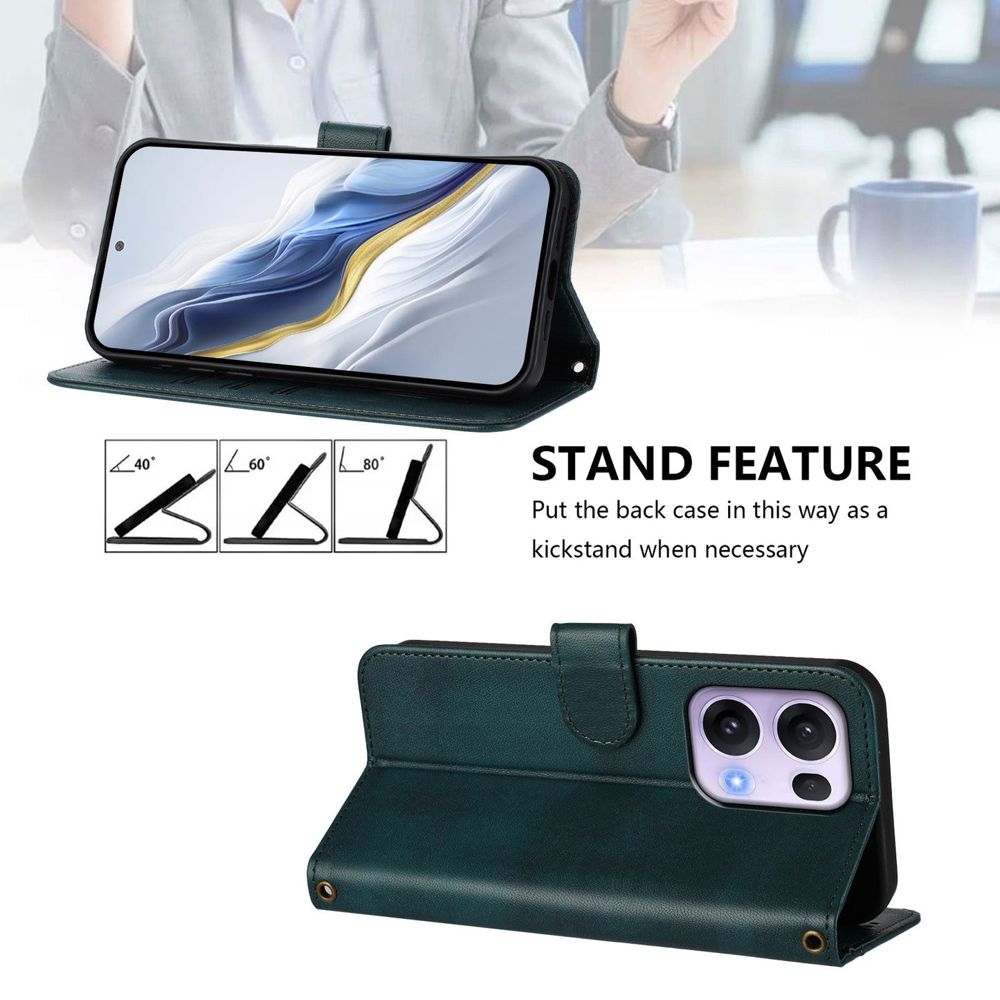 For Oppo Reno13 Pro 5G Cases Wallet Stand Retro Texture Leather Phone Cover with Lanyard - Dark Green