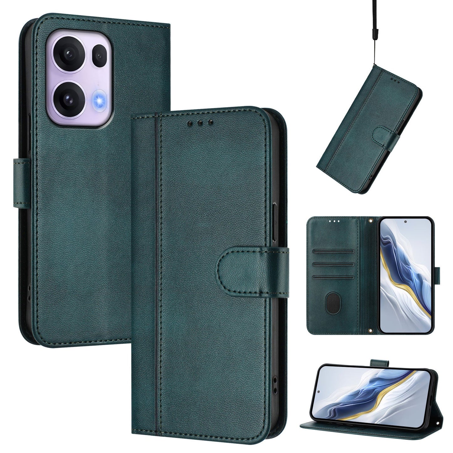 For Oppo Reno13 Pro 5G Cases Wallet Stand Retro Texture Leather Phone Cover with Lanyard - Dark Green
