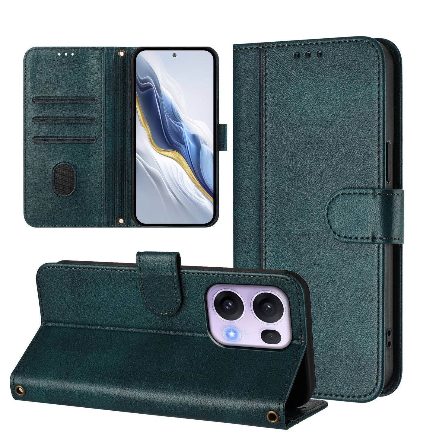 For Oppo Reno13 Pro 5G Cases Wallet Stand Retro Texture Leather Phone Cover with Lanyard - Dark Green