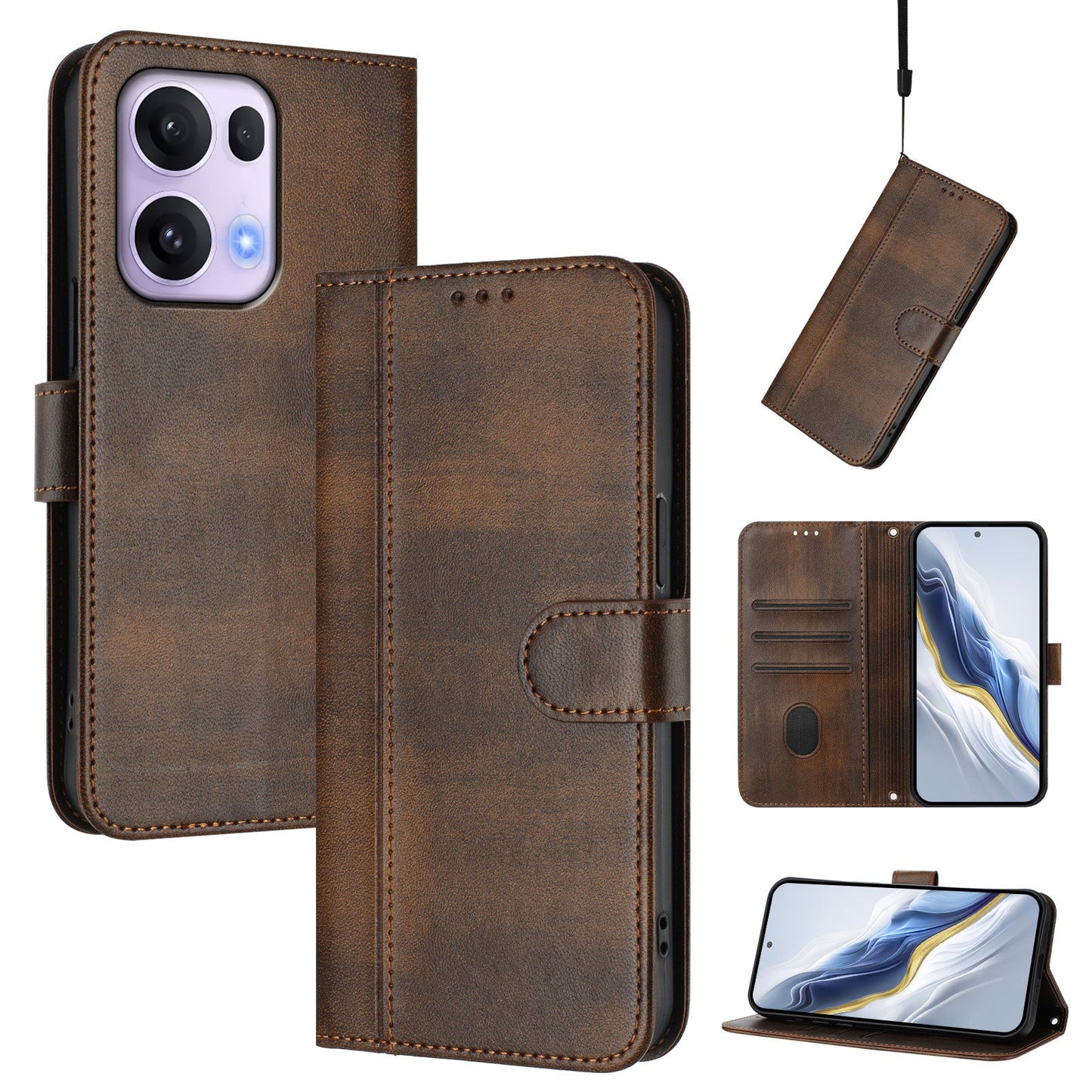 For Oppo Reno13 Pro 5G Cases Wallet Stand Retro Texture Leather Phone Cover with Lanyard - Brown